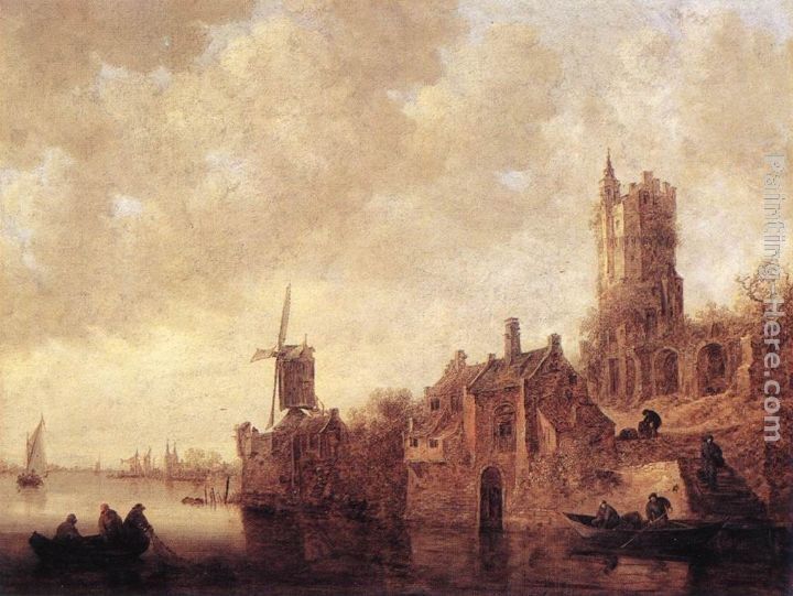 Jan van Goyen River Landscape with a Windmill and a Ruined Castle